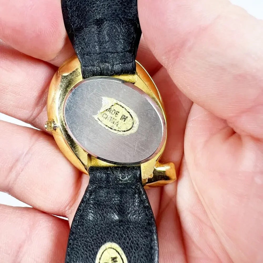 Vintage Renee Nicol quartz watch gold rhinestone diamond and black band working